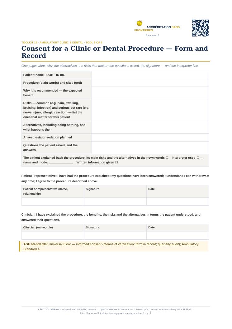 Consent for a Clinic or Dental Procedure — Form and Record