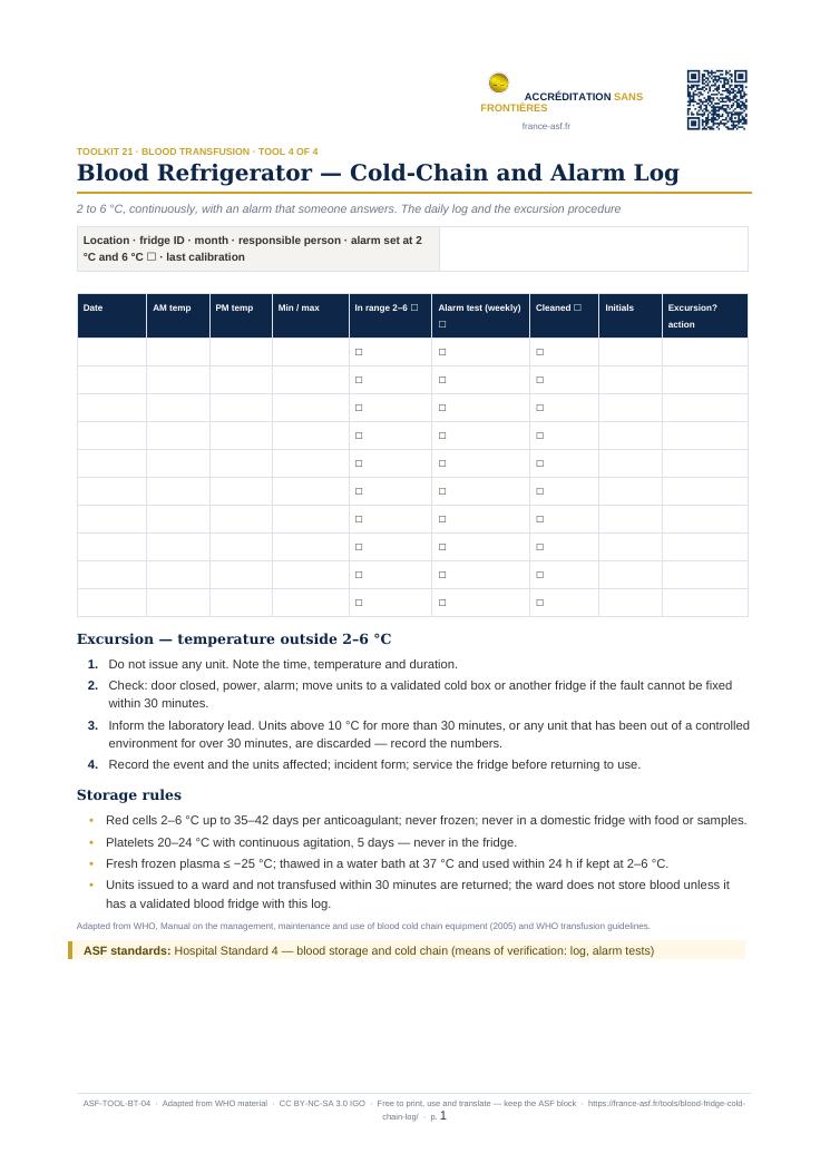 Blood Refrigerator — Cold-Chain and Alarm Log