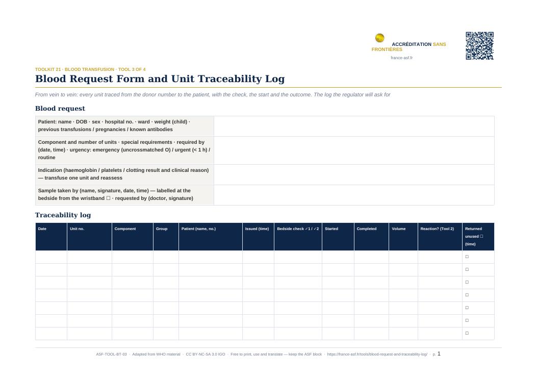 Blood Request Form and Unit Traceability Log