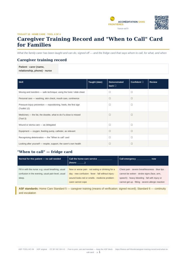 Caregiver Training Record and "When to Call" Card for Families