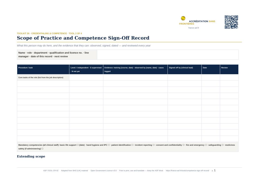 Scope of Practice and Competence Sign-Off Record