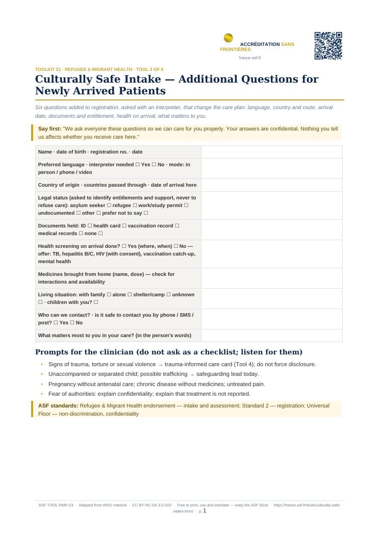 Culturally Safe Intake — Additional Questions for Newly Arrived Patients