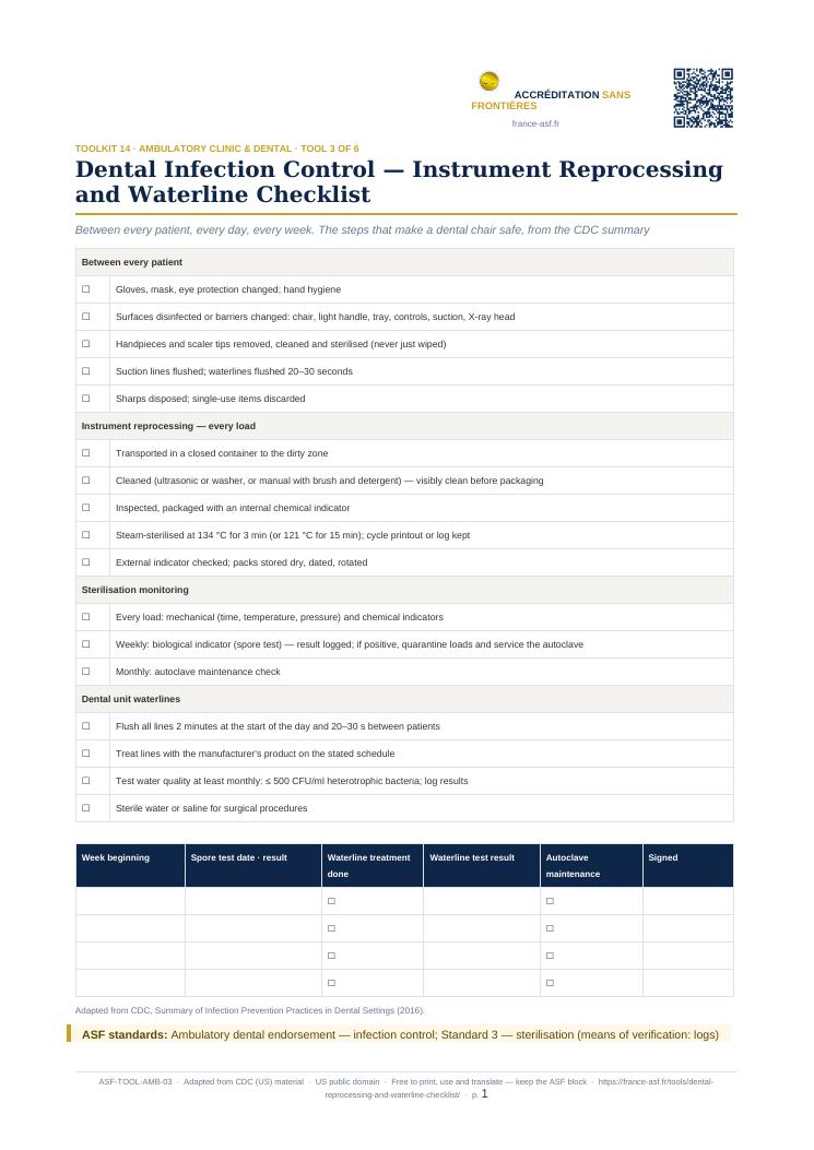 Dental Infection Control — Instrument Reprocessing and Waterline Checklist