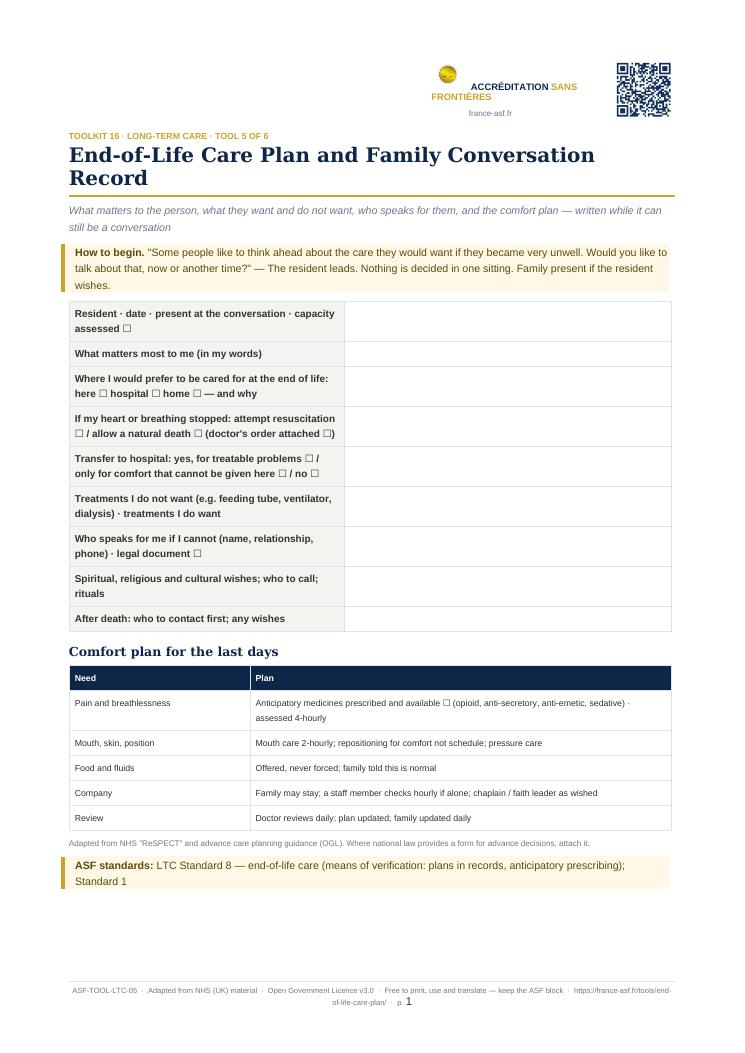 End-of-Life Care Plan and Family Conversation Record
