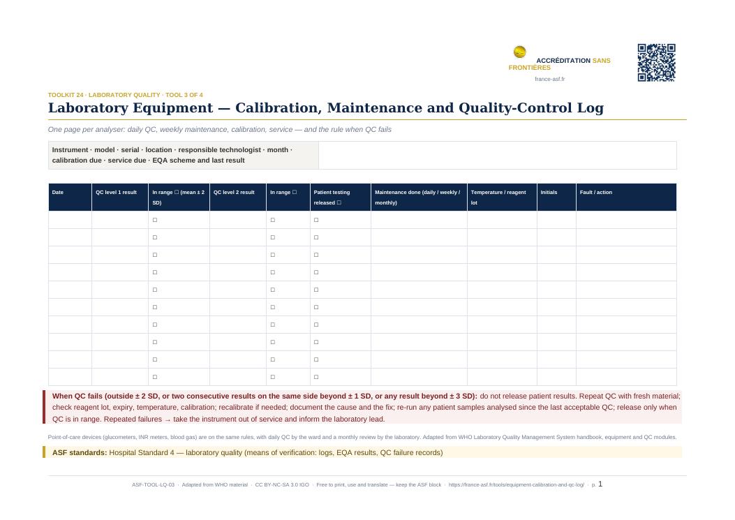 Laboratory Equipment — Calibration, Maintenance and Quality-Control Log