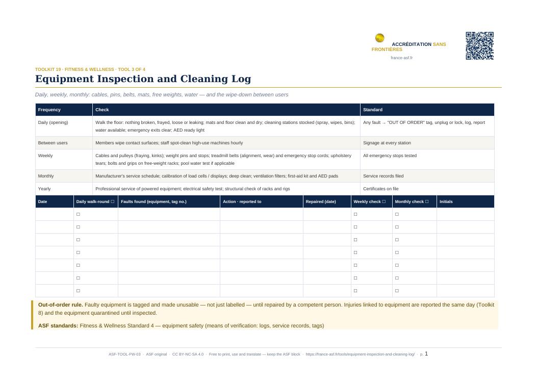 Equipment Inspection and Cleaning Log