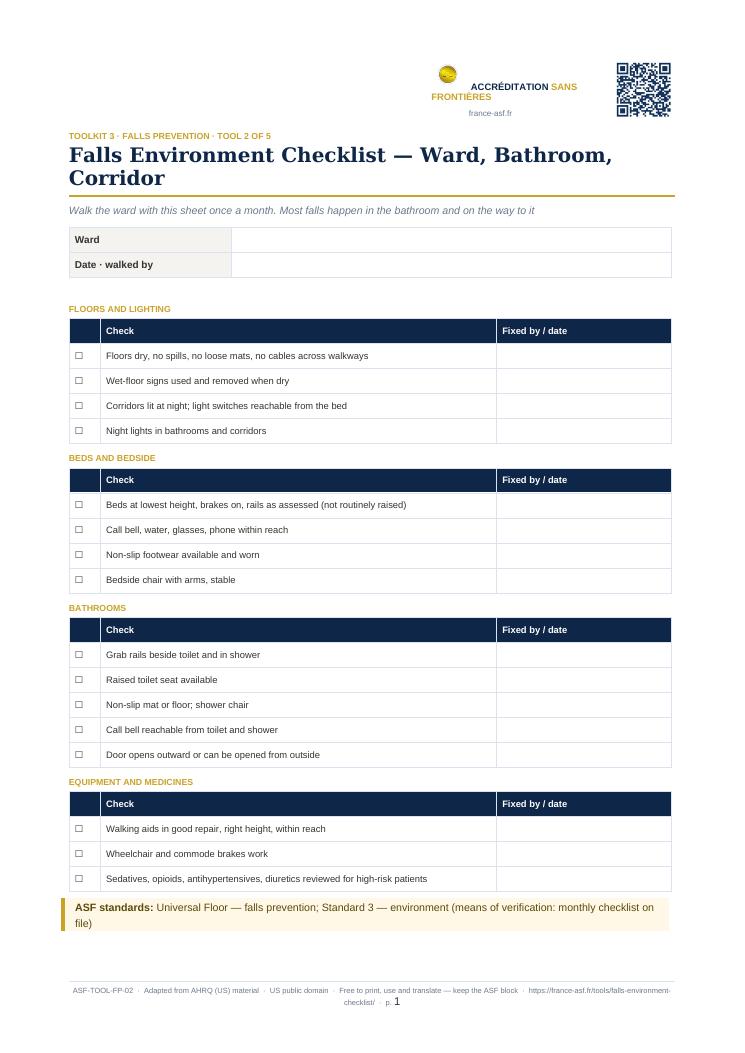 Falls Environment Checklist — Ward, Bathroom, Corridor