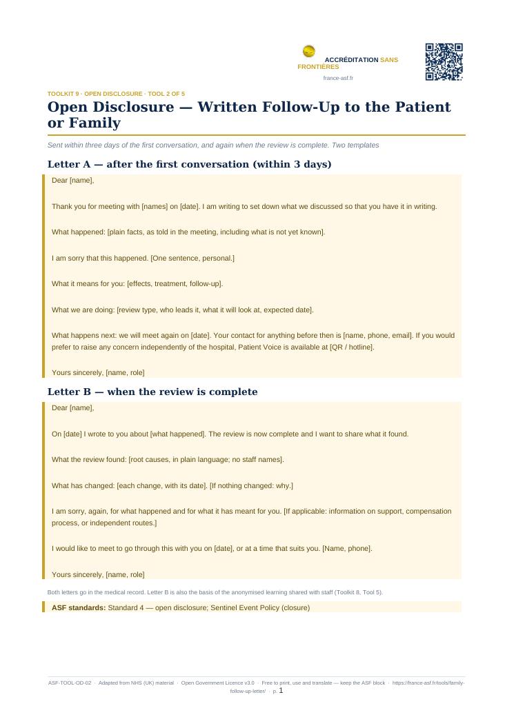Open Disclosure — Written Follow-Up to the Patient or Family