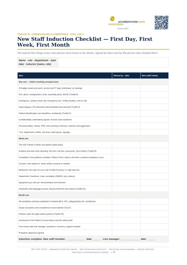 New Staff Induction Checklist — First Day, First Week, First Month
