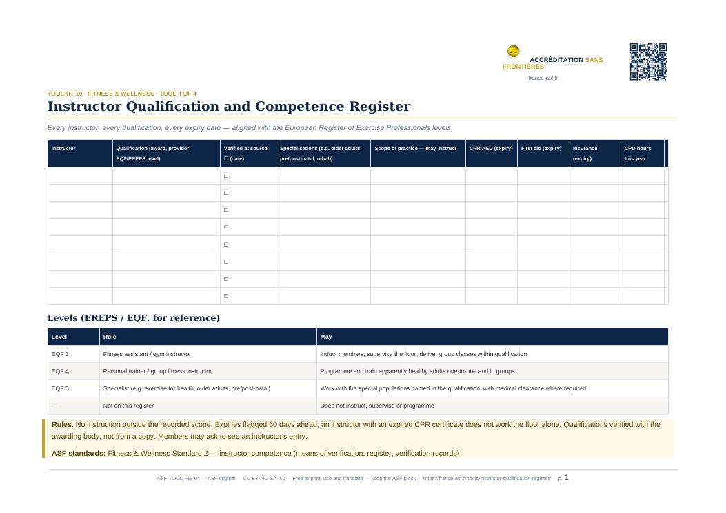 Instructor Qualification and Competence Register