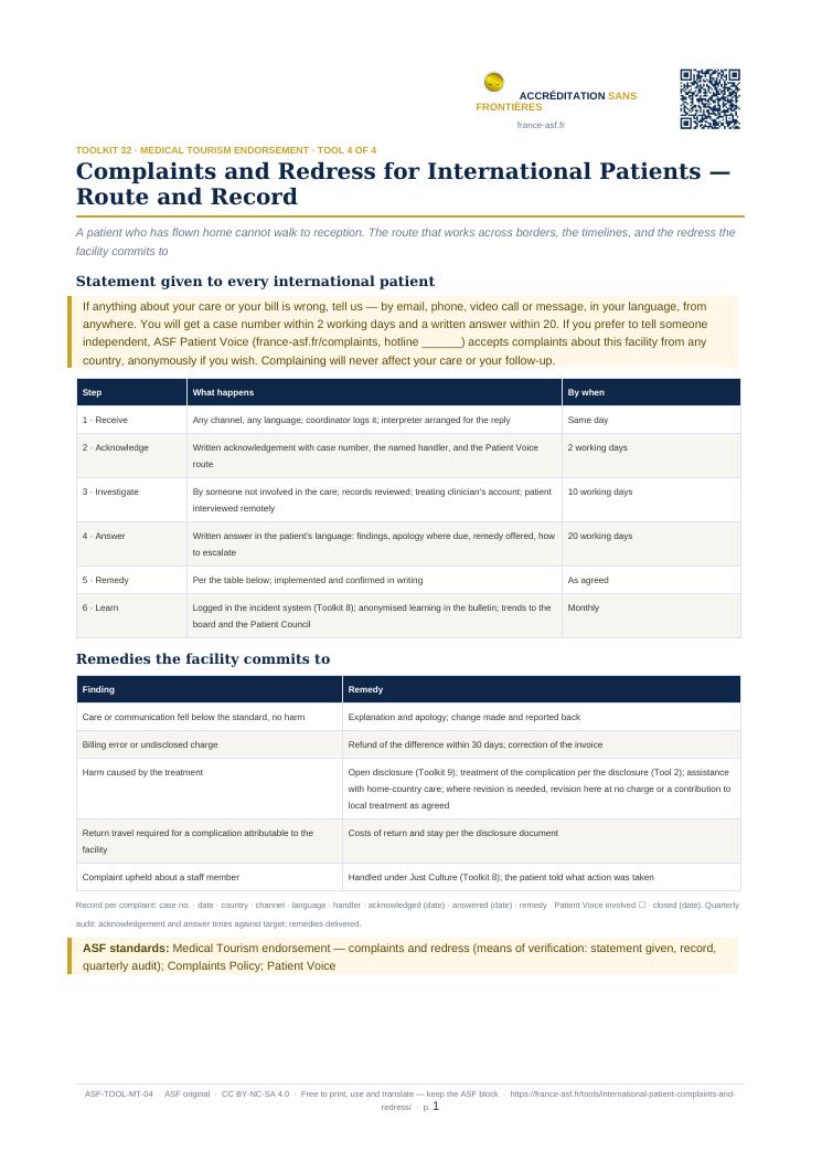 Complaints and Redress for International Patients — Route and Record