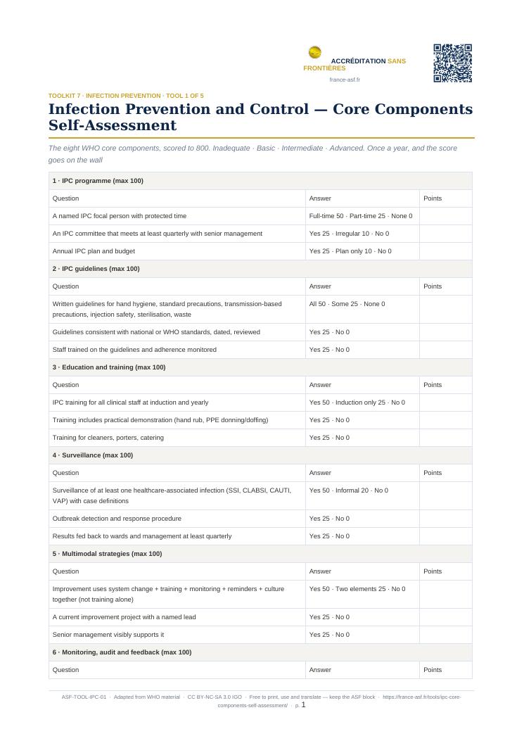 Infection Prevention and Control — Core Components Self-Assessment