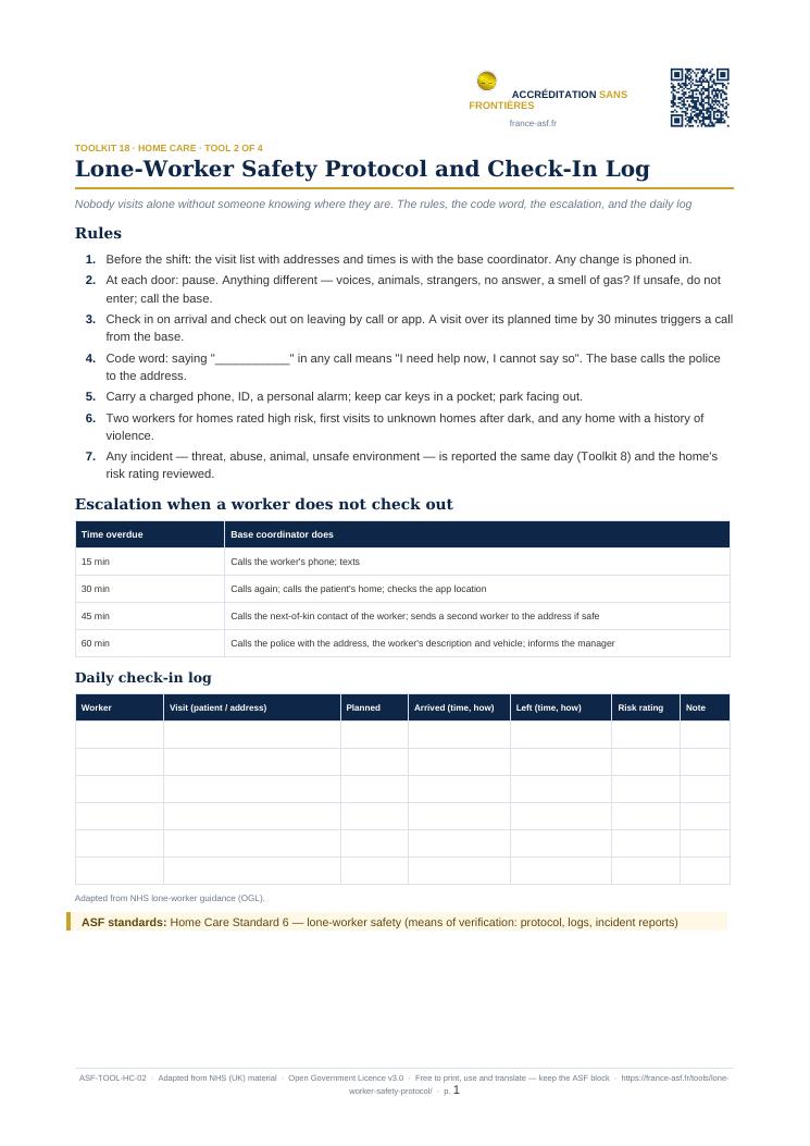 Lone-Worker Safety Protocol and Check-In Log