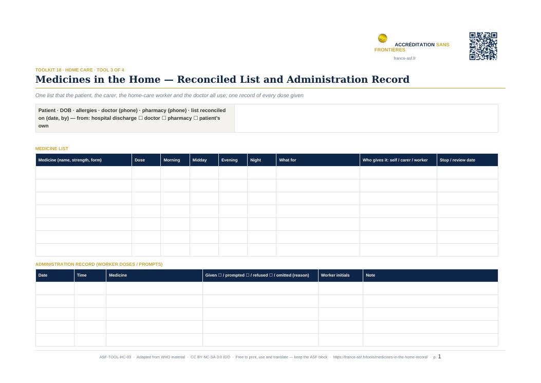 Medicines in the Home — Reconciled List and Administration Record