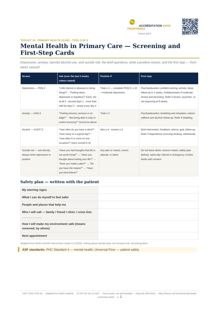 Mental Health in Primary Care — Screening and First-Step Cards