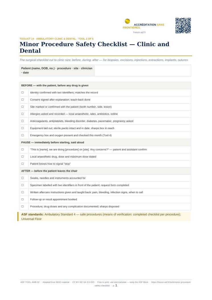 Minor Procedure Safety Checklist — Clinic and Dental