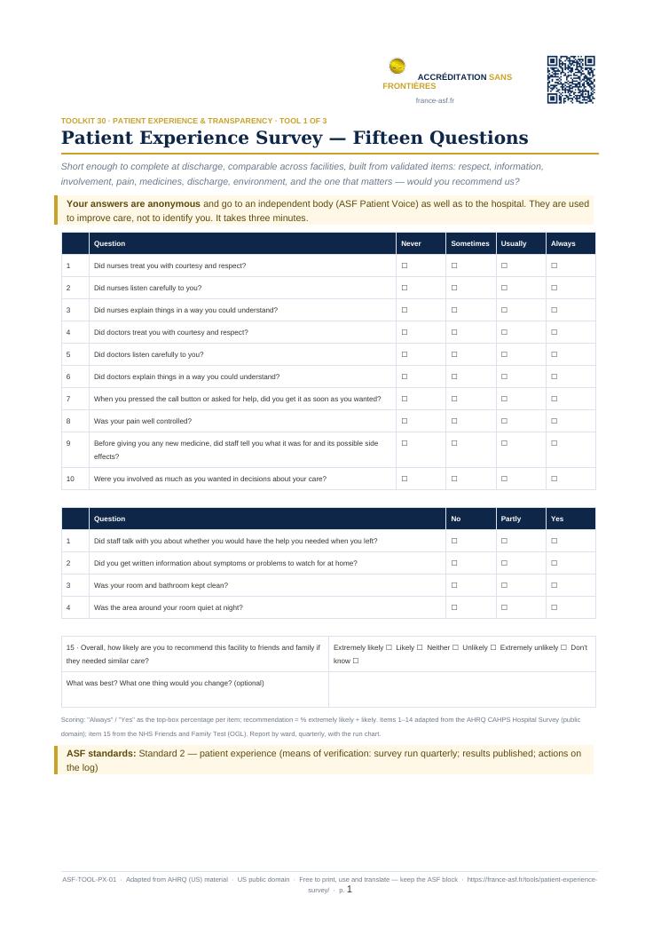 Patient Experience Survey — Fifteen Questions