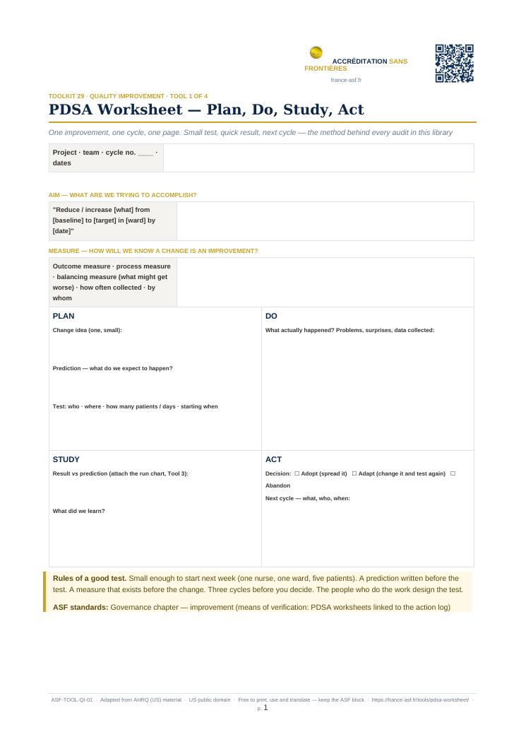PDSA Worksheet — Plan, Do, Study, Act