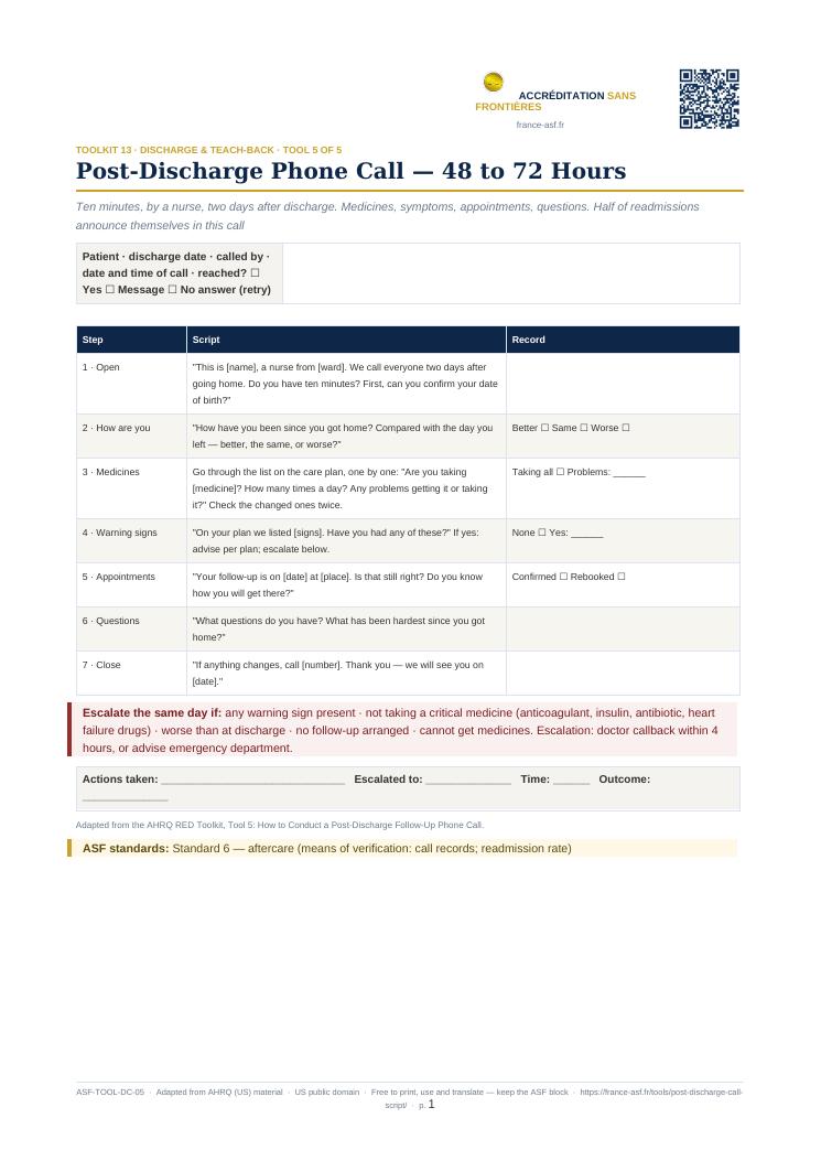 Post-Discharge Phone Call — 48 to 72 Hours