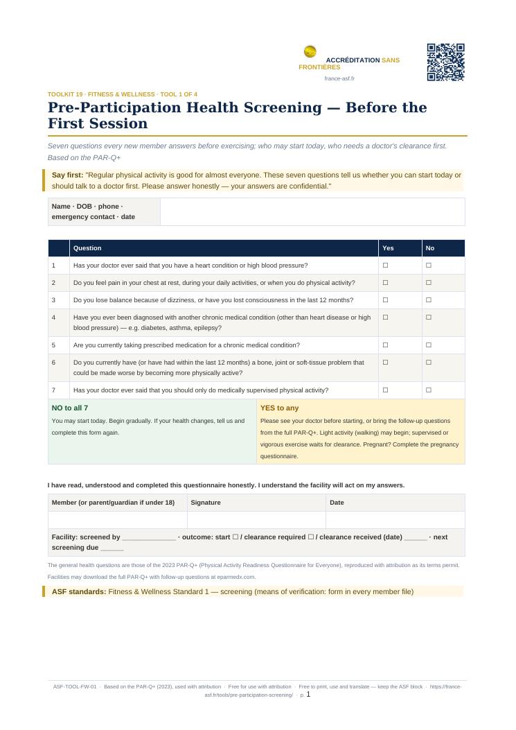 Pre-Participation Health Screening — Before the First Session