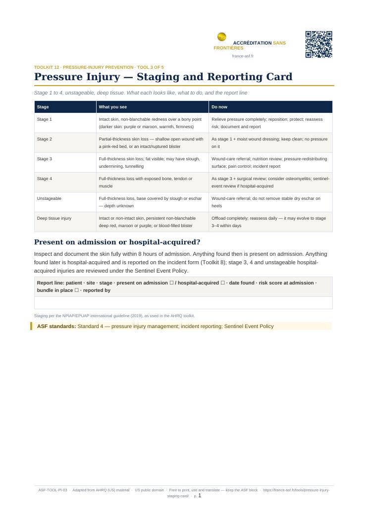 Pressure Injury — Staging and Reporting Card