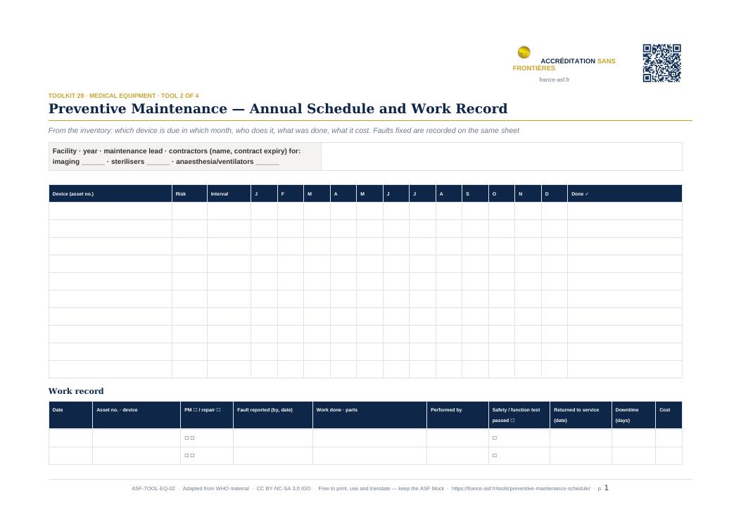 Preventive Maintenance — Annual Schedule and Work Record