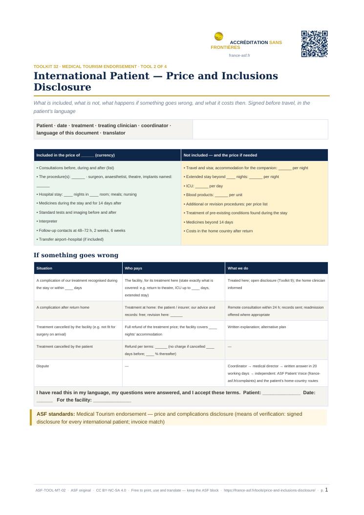 International Patient — Price and Inclusions Disclosure