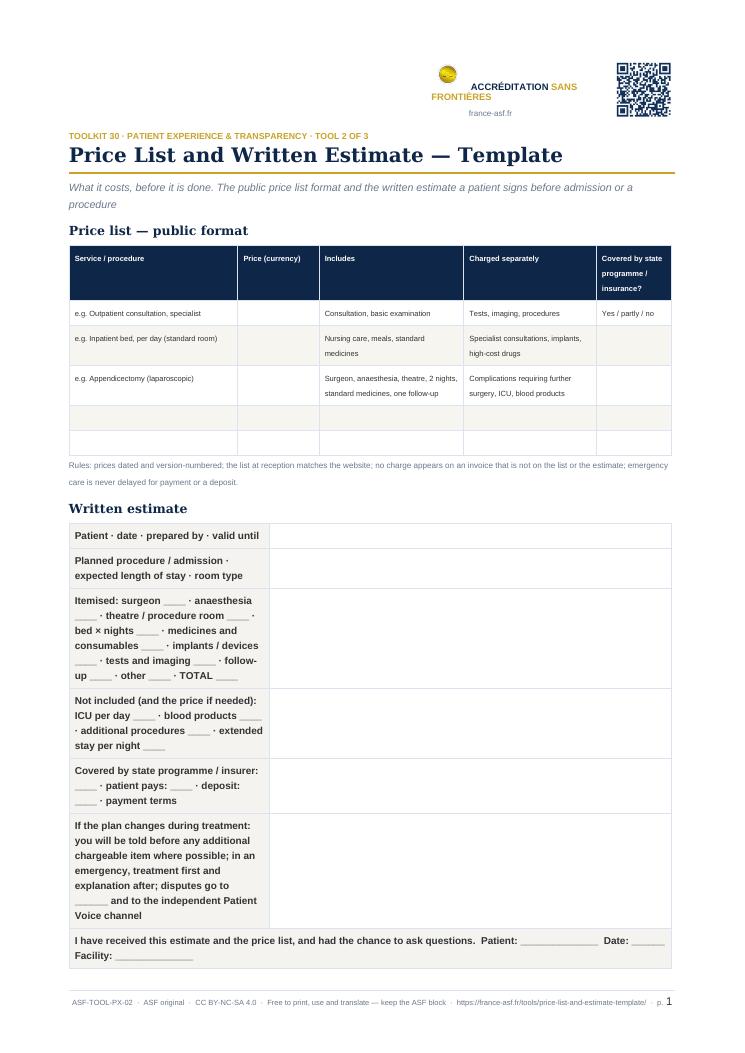 Price List and Written Estimate — Template