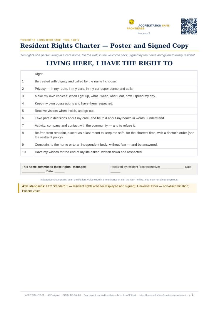 Resident Rights Charter — Poster and Signed Copy