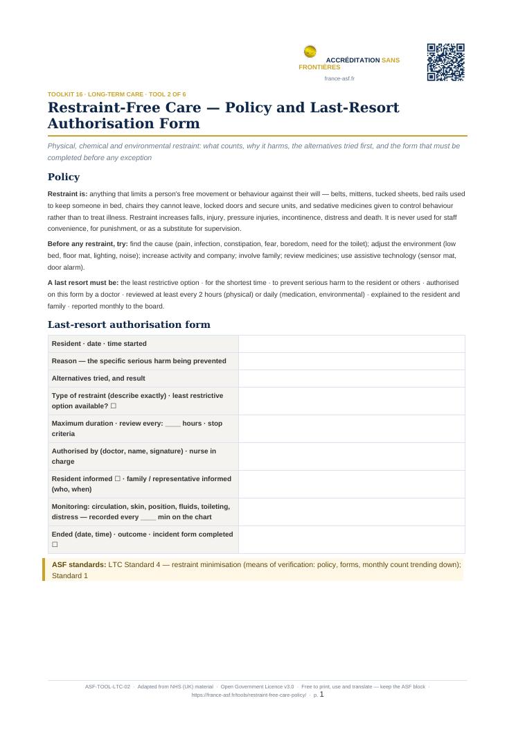 Restraint-Free Care — Policy and Last-Resort Authorisation Form