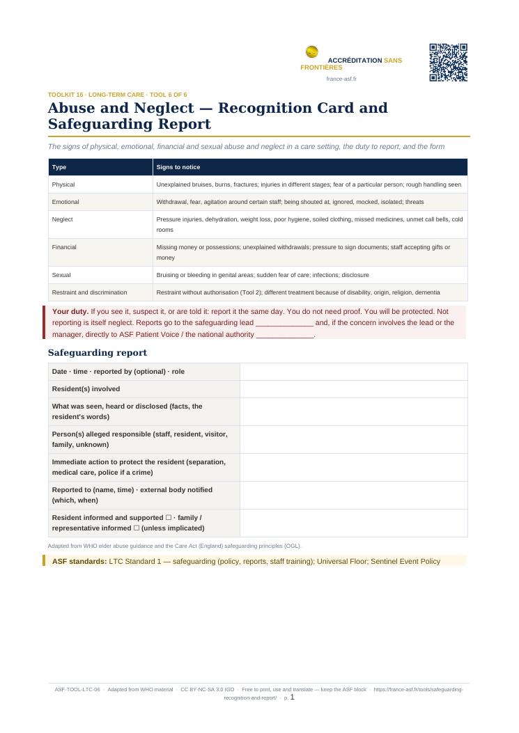 Abuse and Neglect — Recognition Card and Safeguarding Report