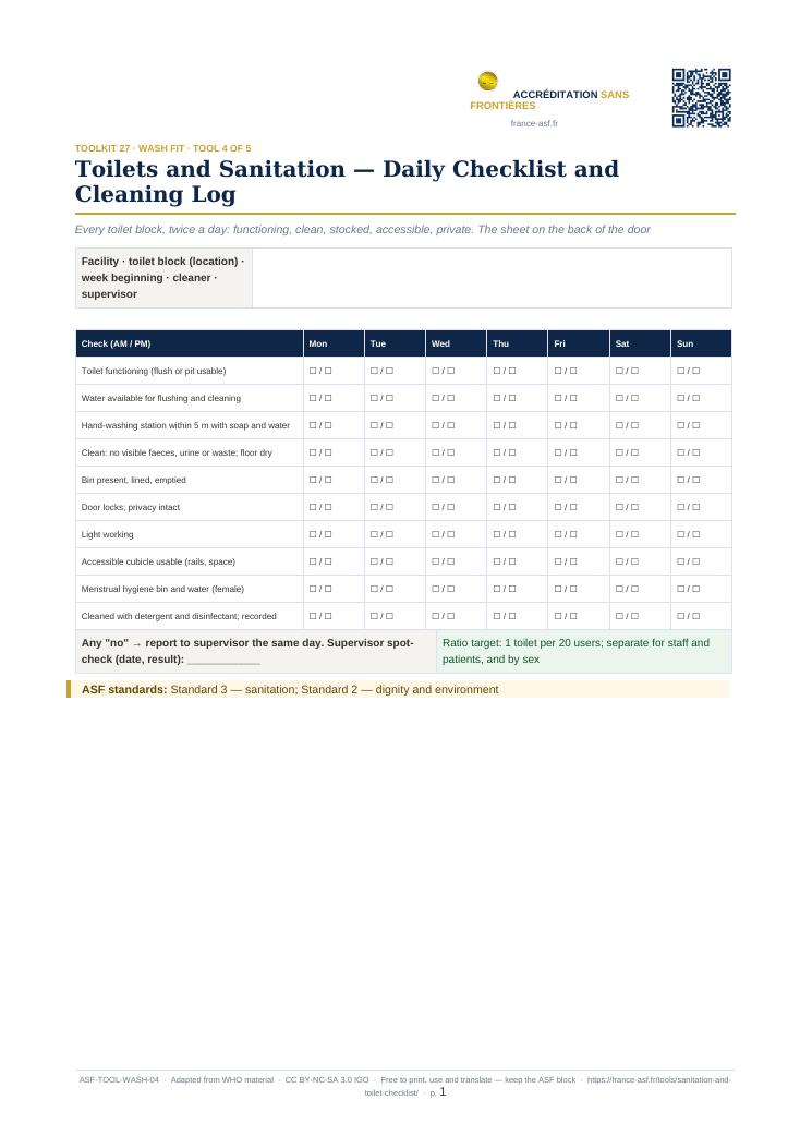 Toilets and Sanitation — Daily Checklist and Cleaning Log