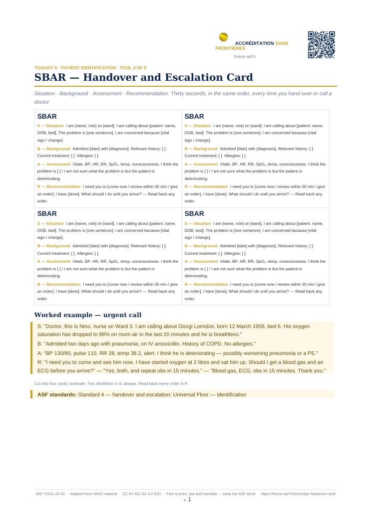 SBAR — Handover and Escalation Card