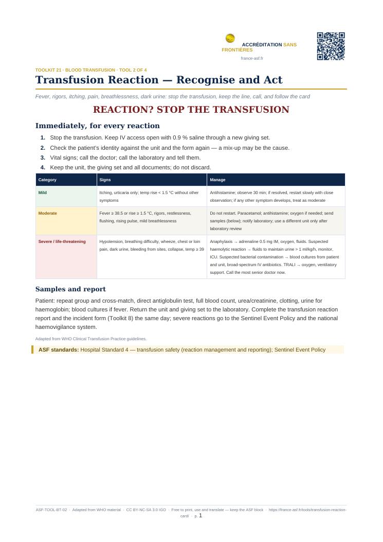 Transfusion Reaction — Recognise and Act