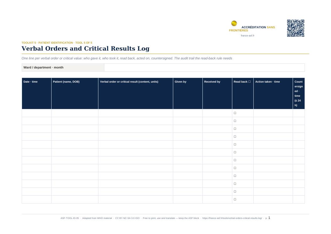 Verbal Orders and Critical Results Log