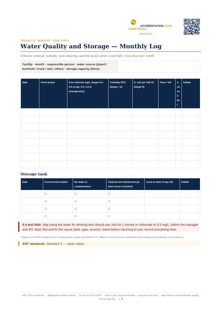 Water Quality and Storage — Monthly Log