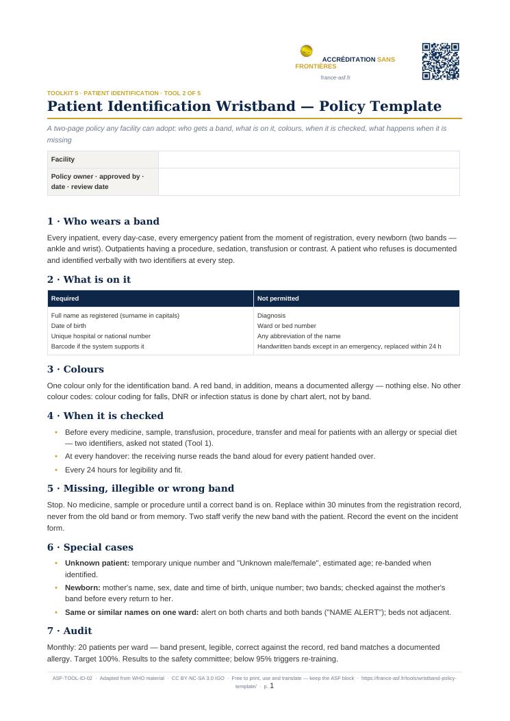 Patient Identification Wristband — Policy Template