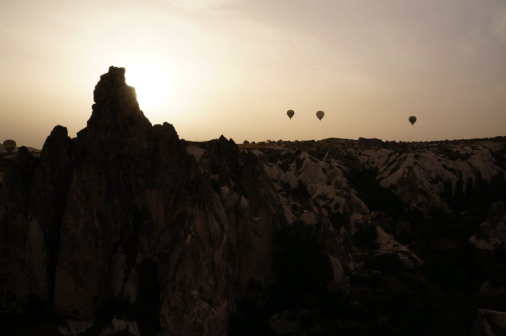 Hot air balloons at sunrise over Cappadocia, Turkey